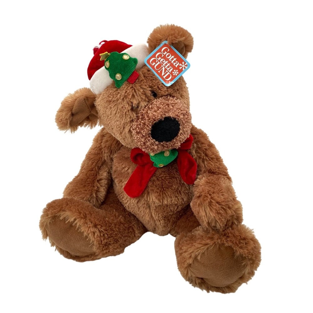 Gund Christmas Pals Large Brown Bear 15" Plush Santa Hat Christmas Tree Red Bow